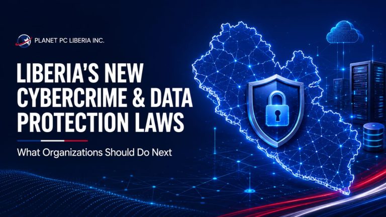 Secure digital network over a map of Liberia, representing the Cybercrime Act and Data Protection Act